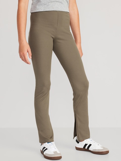 High-Waisted Full-Length Side-Split Ribbed Leggings for Girls
