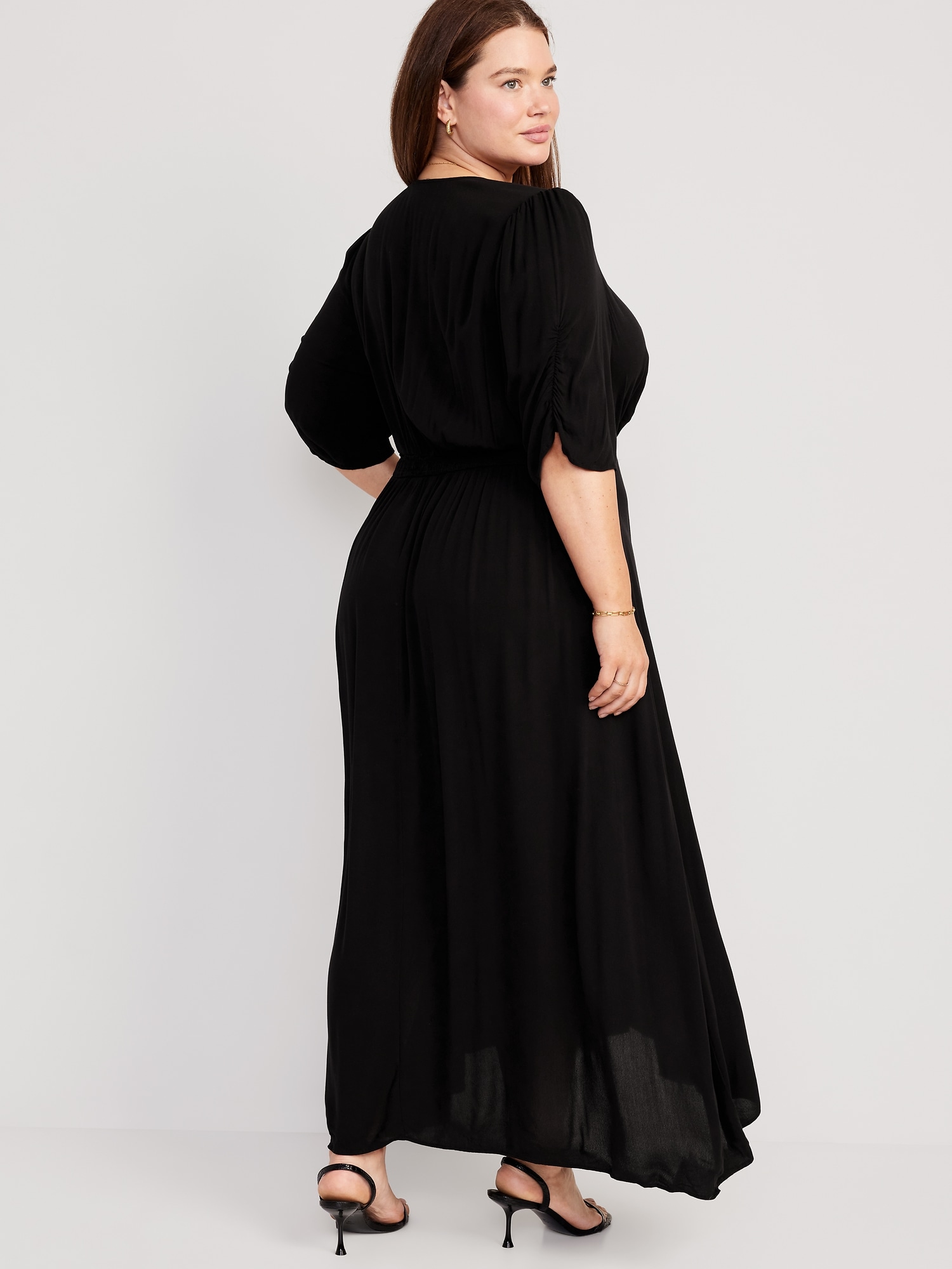 Puff-Sleeve V-Neck Crepe Midi Dress