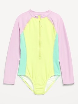 Color-Block Zip-Front Rashguard One-Piece Swimsuit for Girls | Old