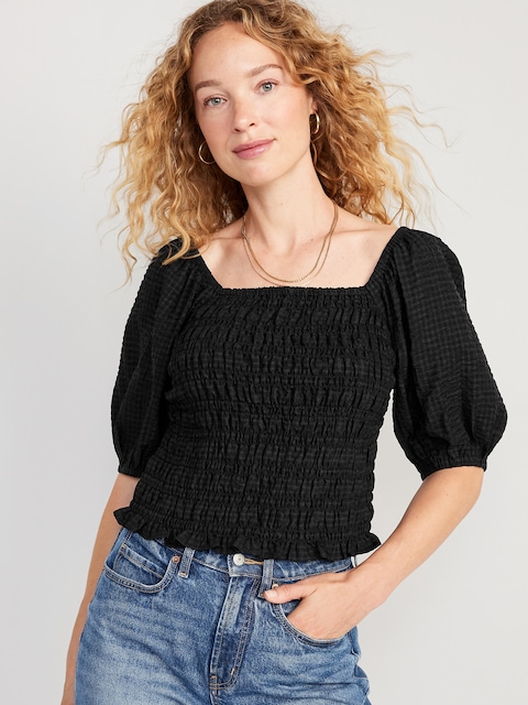 Fitted Puff-Sleeve Smocked Top - Black Jack