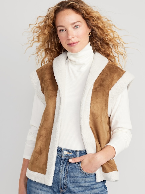 Veste sans manches en similisuède avec bordure en sherpa pour Femme