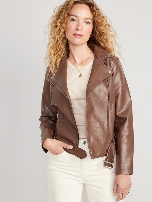 Image number 1 showing, Faux-Leather Belted Biker Jacket