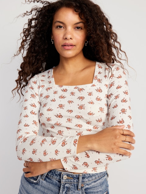 Fitted Square-Neck Rib-Knit T-Shirt