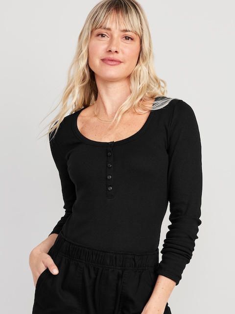 T-shirt henley ajusté en tricot côtelé pour Femme
