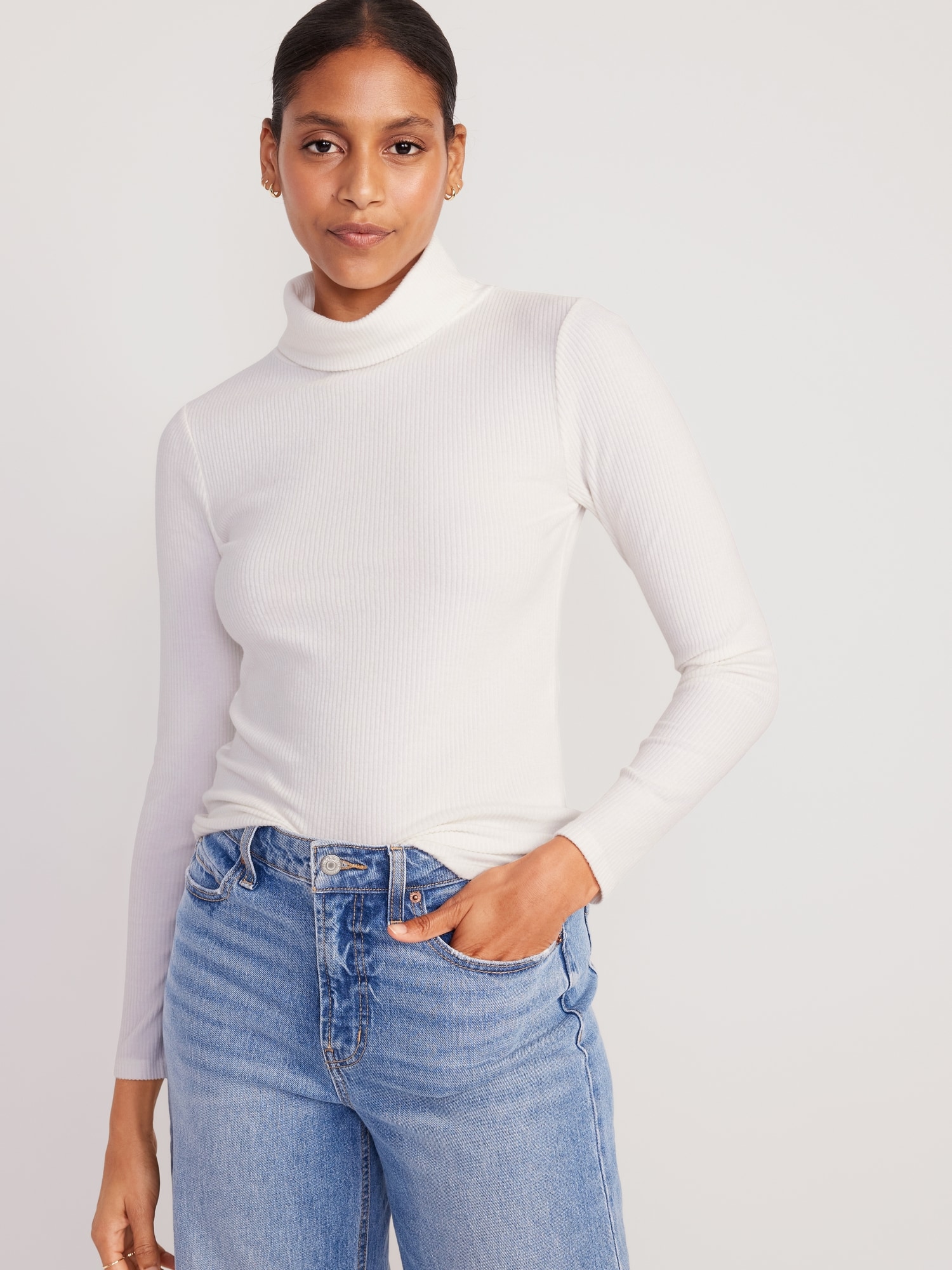 Fitted Plush Rib-Knit Turtleneck for Women