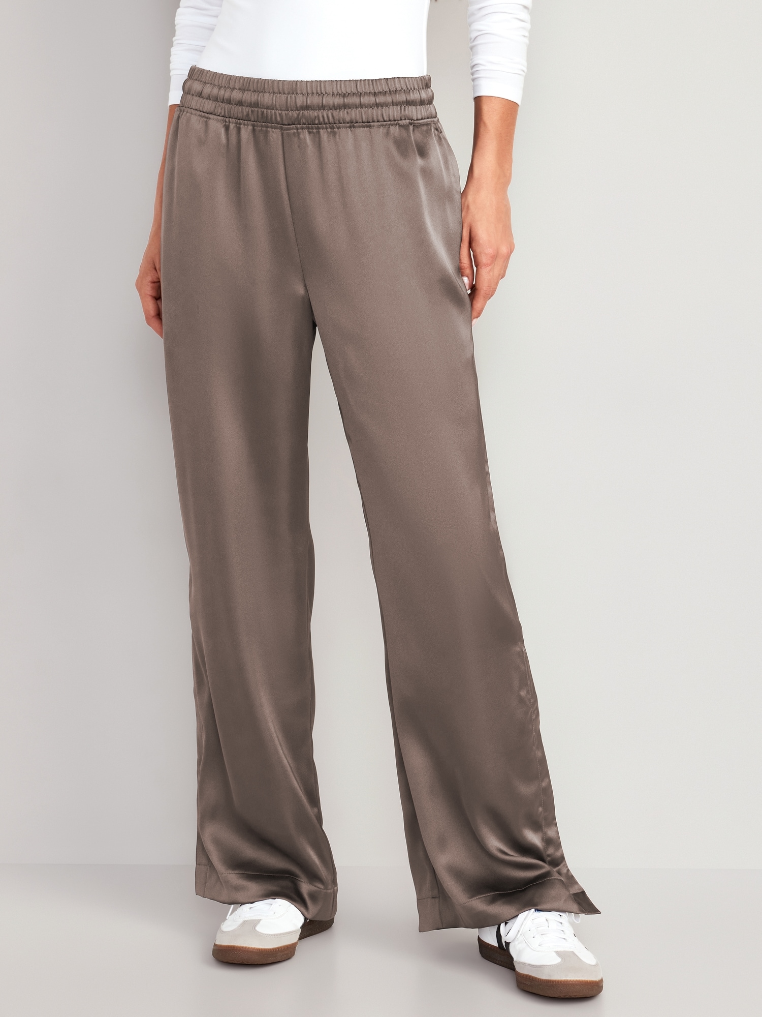Mid-Rise Wide-Leg Satin Track Pants for Women