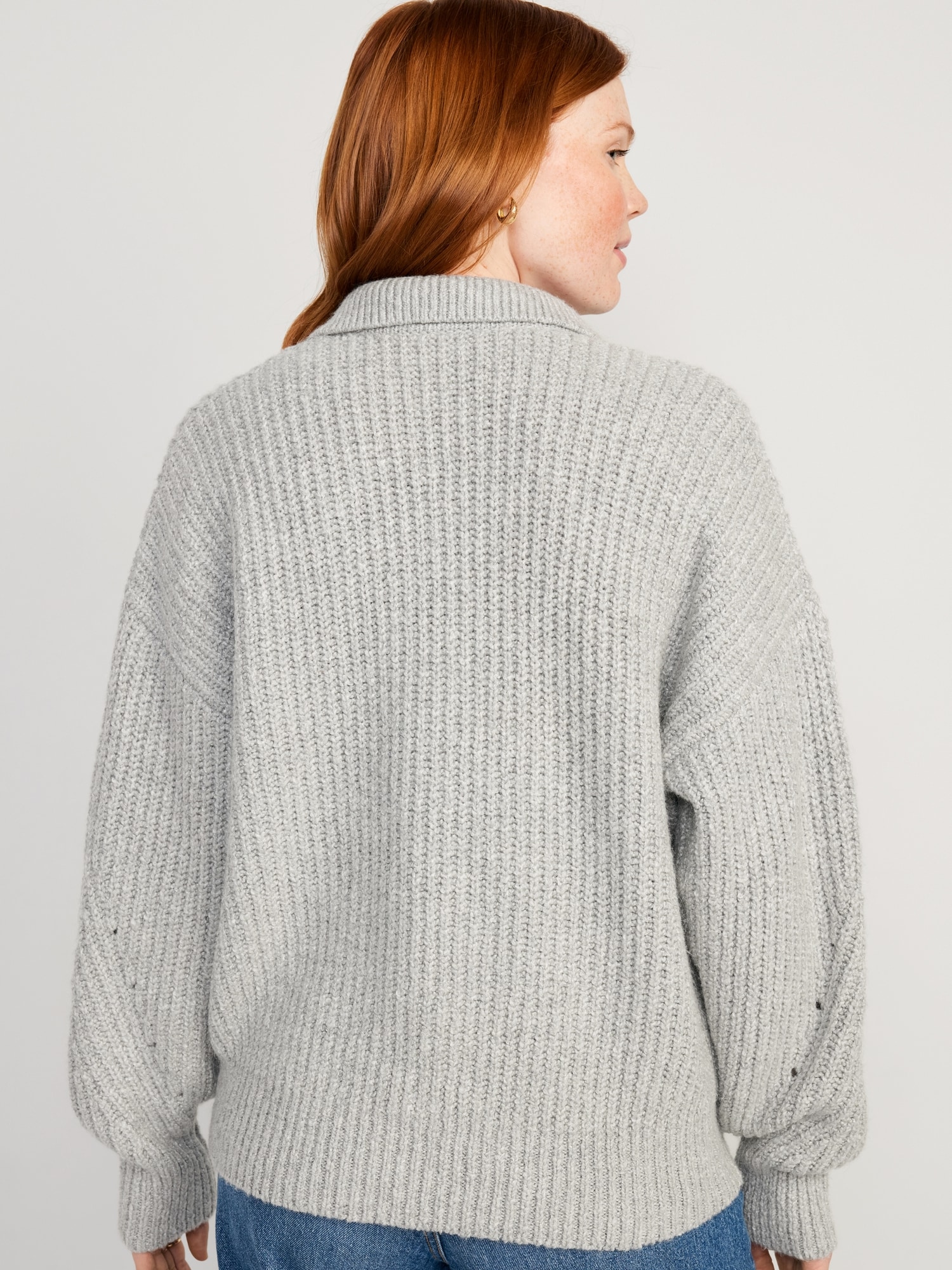 V-Neck Pointelle Knit Sweater in Dusty Blue - Retro, Indie and