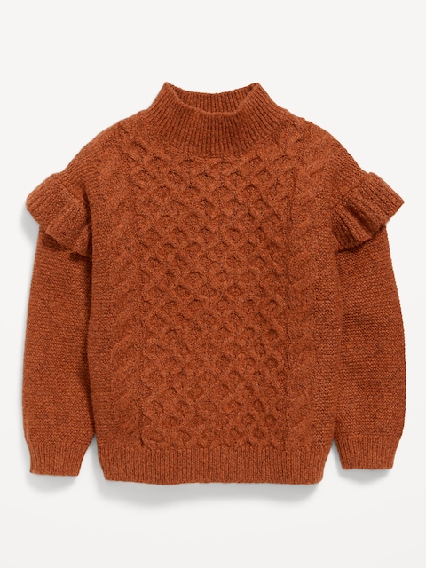 Mock-Neck Ruffle-Trim Cable-Knit Sweater for Toddler Girls