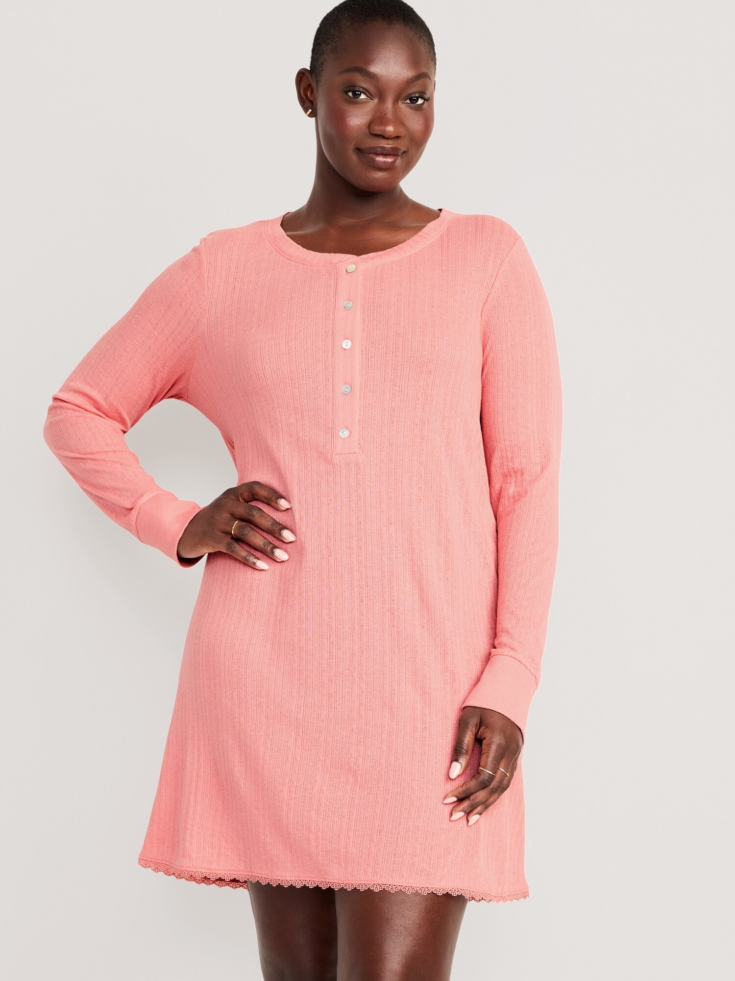 Pointelle-Knit Henley Nightgown for Women