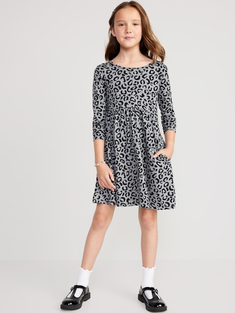 Printed Long-Sleeve Fit & Flare Scoop-Back Dress for Girls - Black