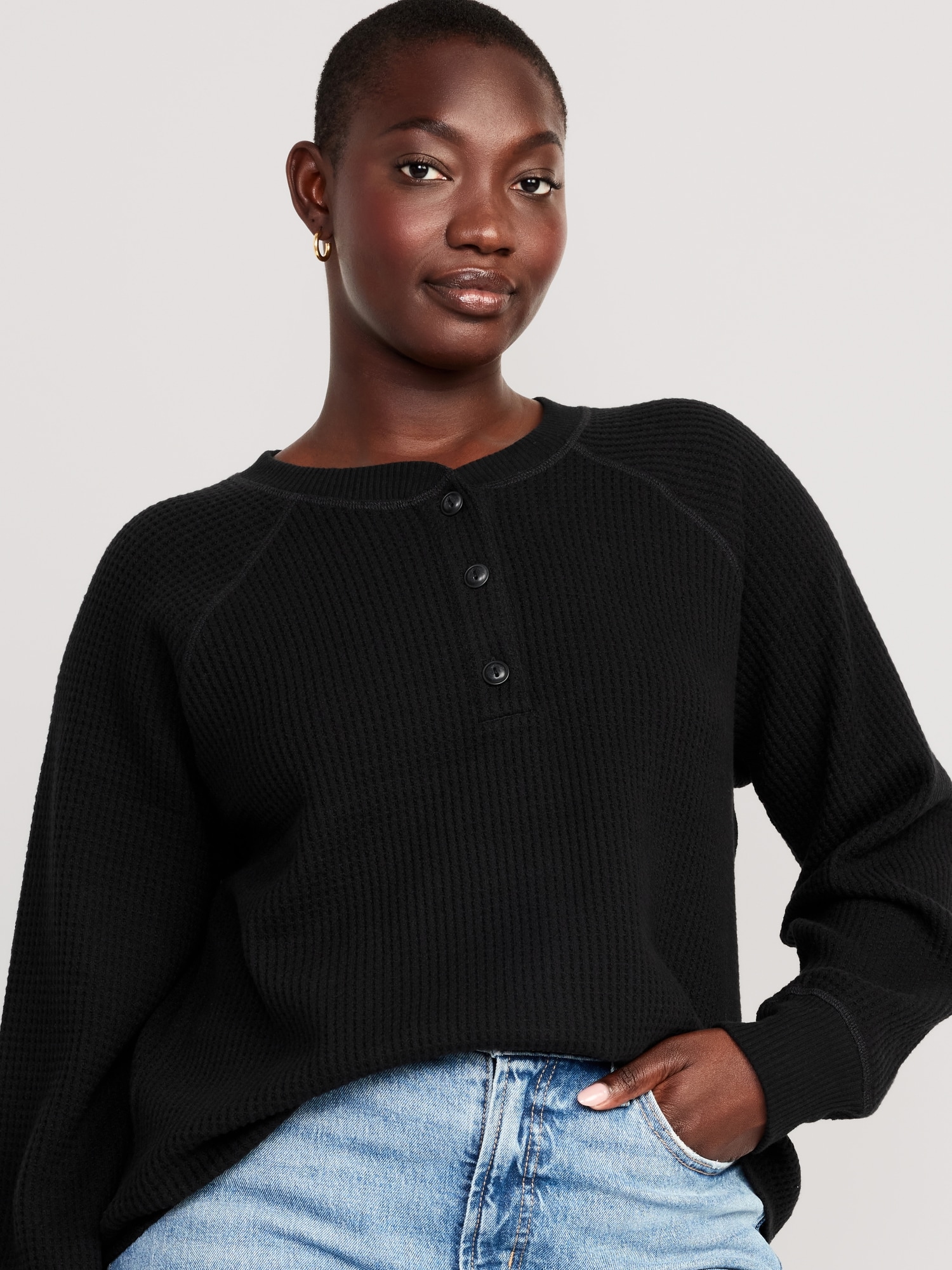 Plush WaffleKnit Henley Top for Women Old Navy