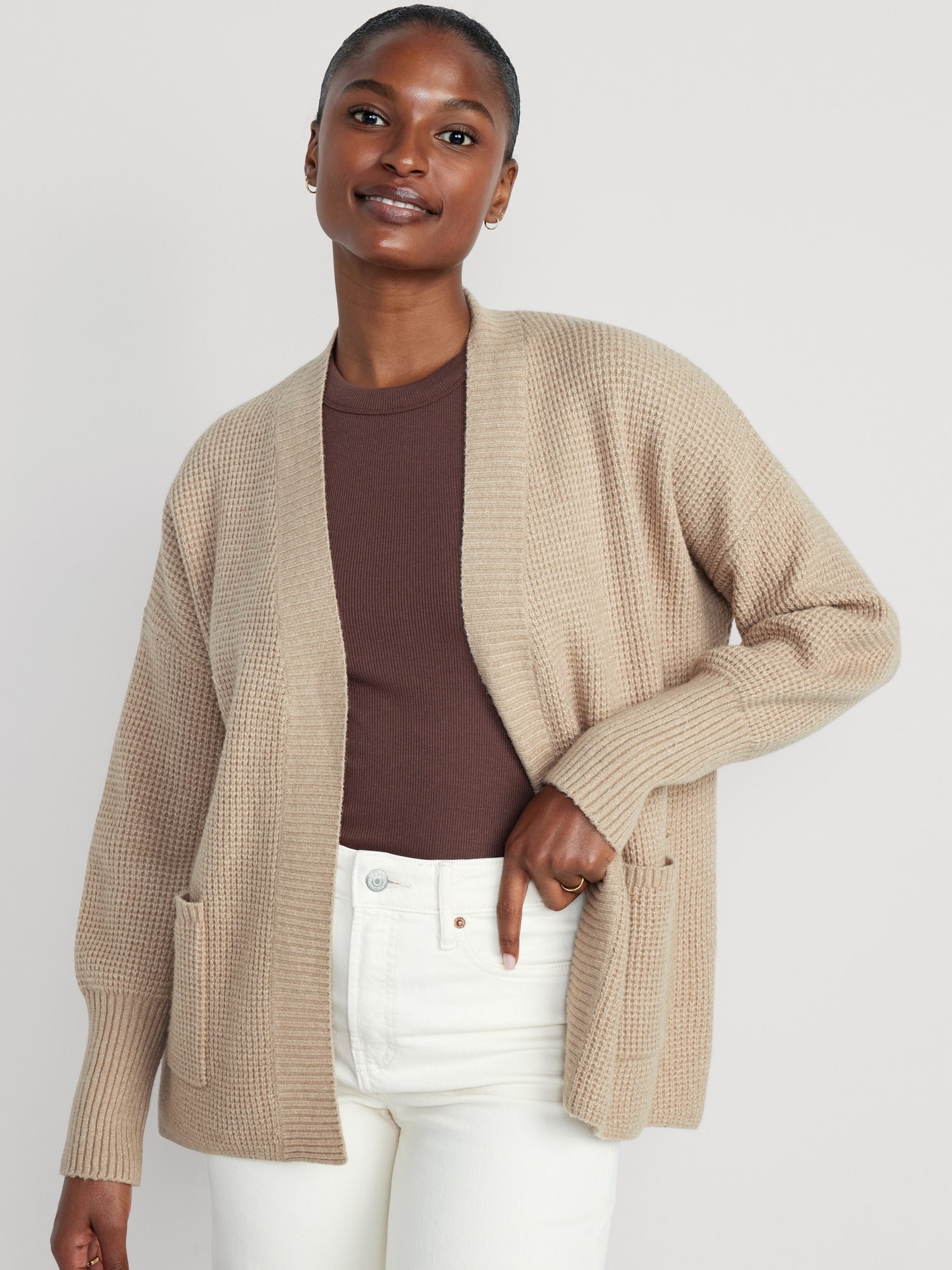 Oversized waffle outlet knit cardigan