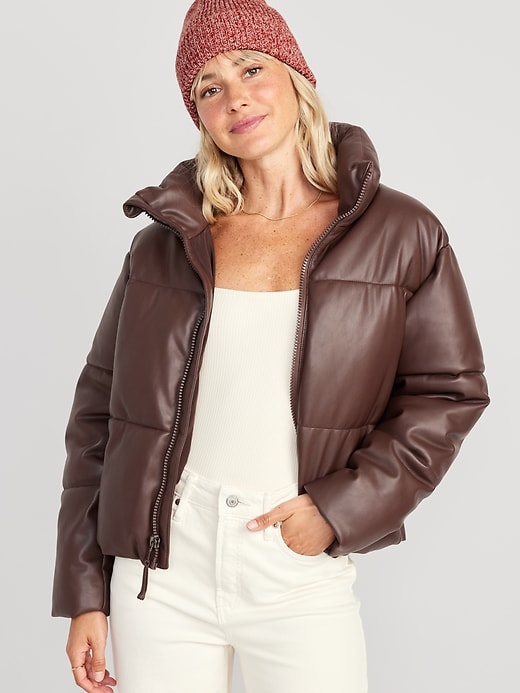 Image number 1 showing, Mock-Neck Faux-Leather Puffer Jacket for Women