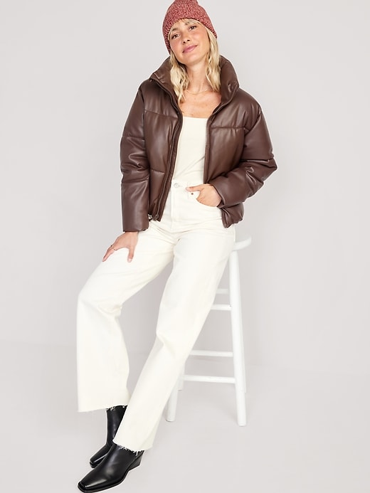 Image number 3 showing, Mock-Neck Faux-Leather Puffer Jacket for Women