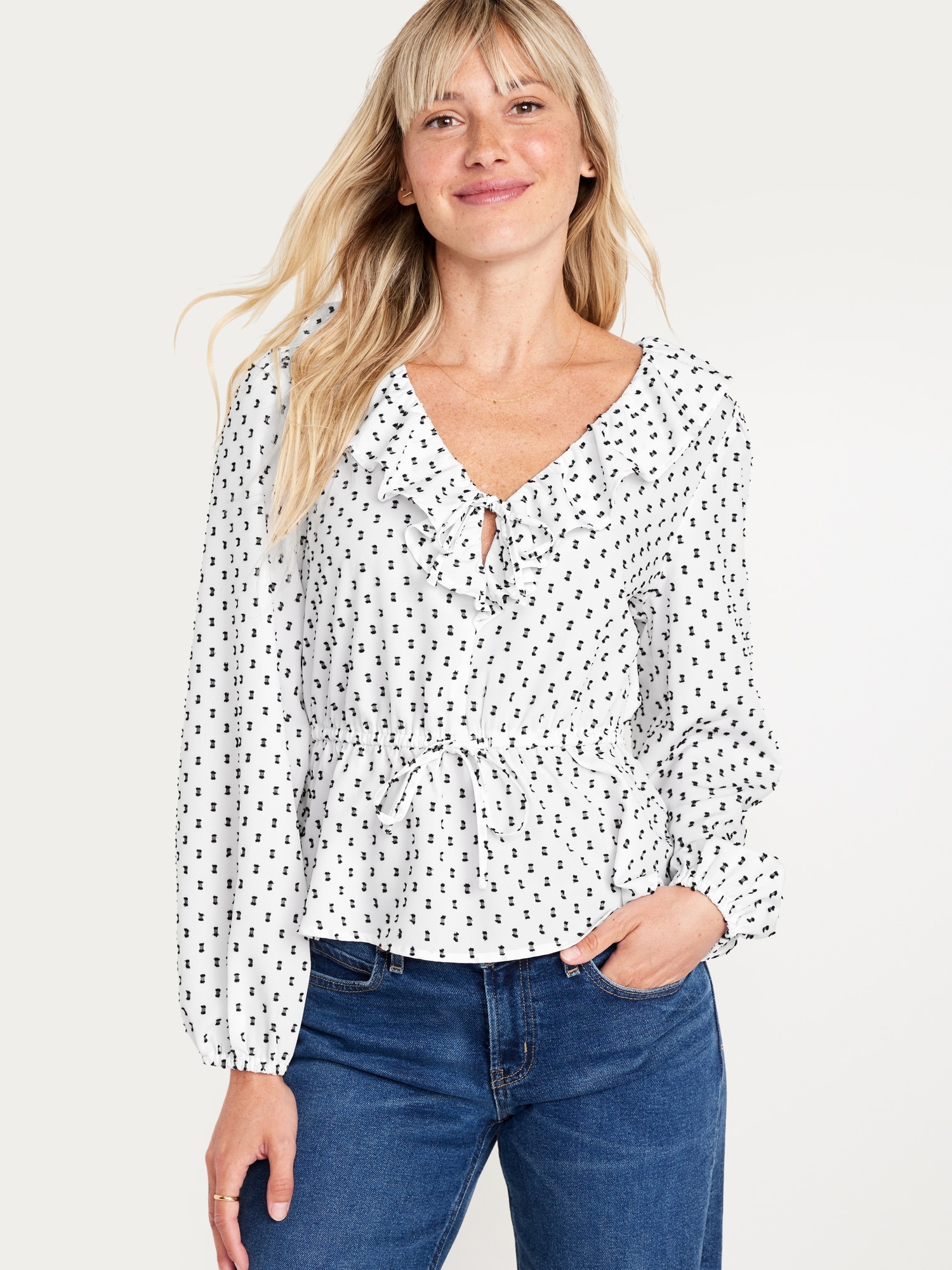 Waist-Defined Ruffle-Trim Clip-Dot Top