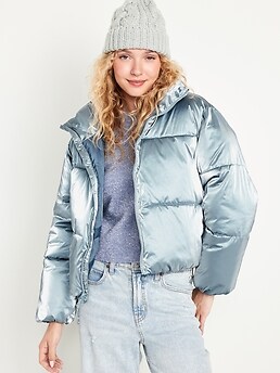 Shiny puffer coat on sale women's