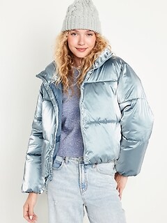 Water-Resistant Shiny Puffer Jacket for Women