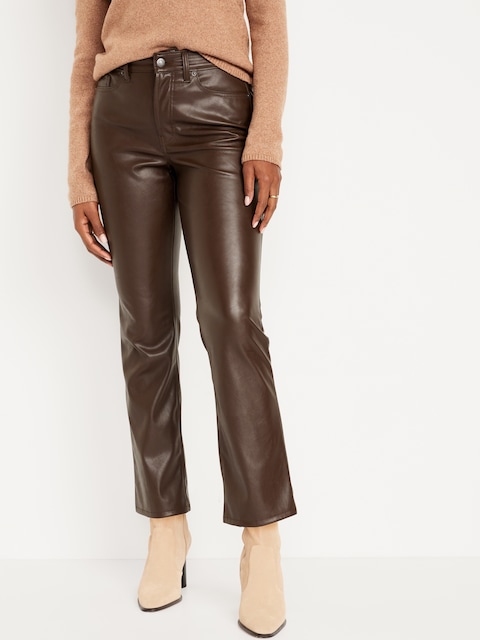 High-Waisted Faux-Leather Boot-Cut Ankle Pants - Brown Leather