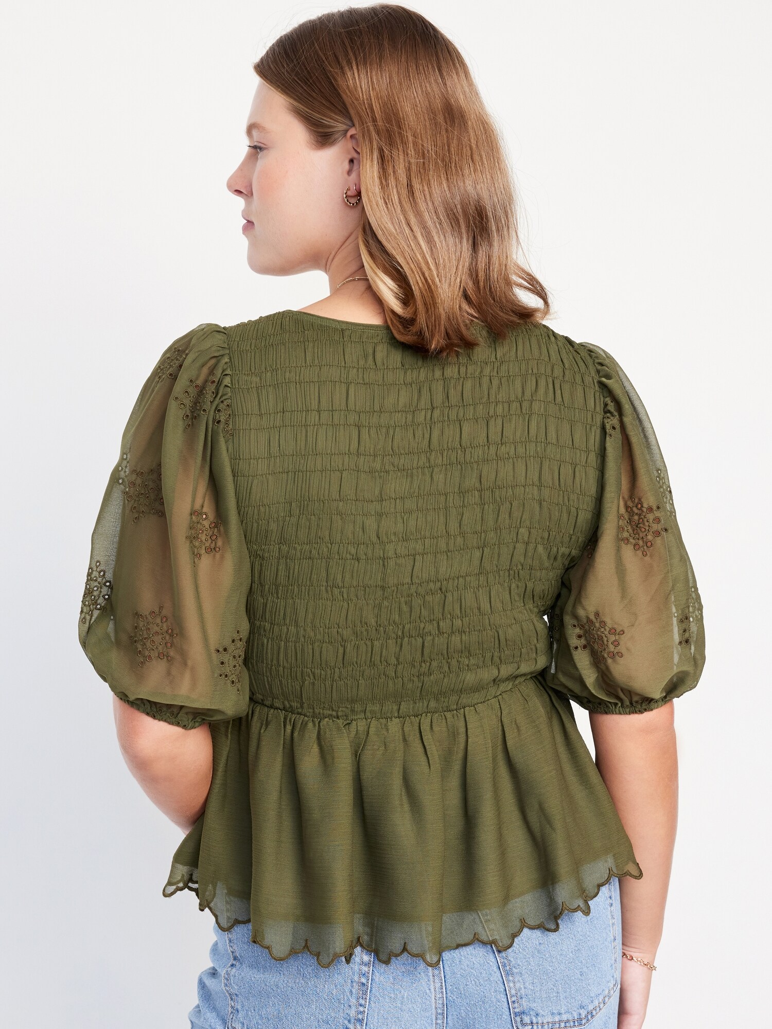 Fitted Puff-Sleeve Smocked Top