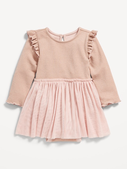 Long-Sleeve Rib-Knit Metallic Bodysuit Tutu Dress for Baby