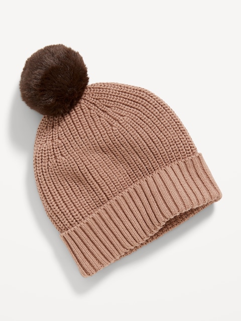 Bonnet en tricot côtelé avec pompon en fausse fourrure pour Bébé