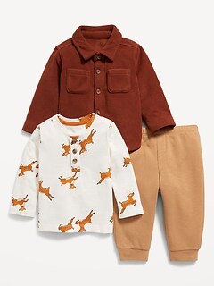 3-Piece Unisex Henley T-Shirt, Shacket, and Sweatpants Set for Baby