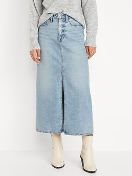 Women's High Waisted Jean Skirt Washed Distressed Split Button Up Denim  Midi Skirt Stretchy Casual Long Skirts 