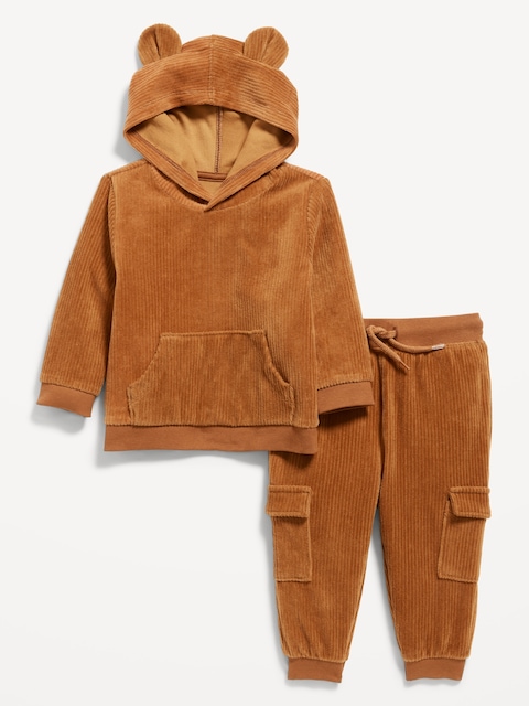 Unisex Ribbed Velour Critter Hoodie and Cargo Joggers Set for Baby