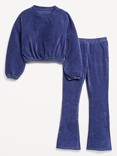 Velvet Ribbed  Cinched-Hem Top and Flare Pants Set for Girls