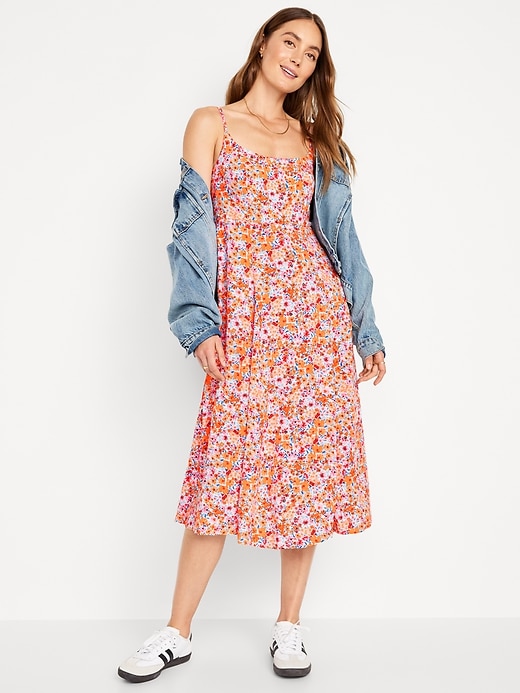 pink floral dress old navy Waist-Defined Floral Linen-Blend Smocked Midi Cami Dress