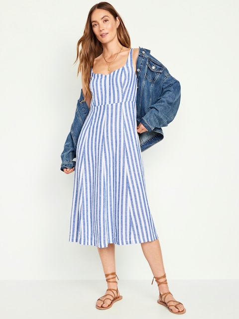 Robe mi-longue ajustée et évasée en mélange de lin pour Femme