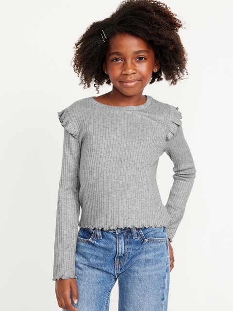 Cozy-Knit Metallic Long-Sleeve Lettuce-Edge Top for Girls