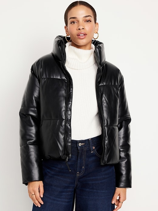 Image number 1 showing, Mock-Neck Faux-Leather Puffer Jacket
