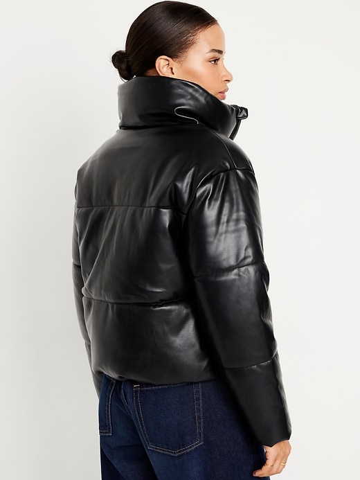 Image number 6 showing, Mock-Neck Faux-Leather Puffer Jacket for Women