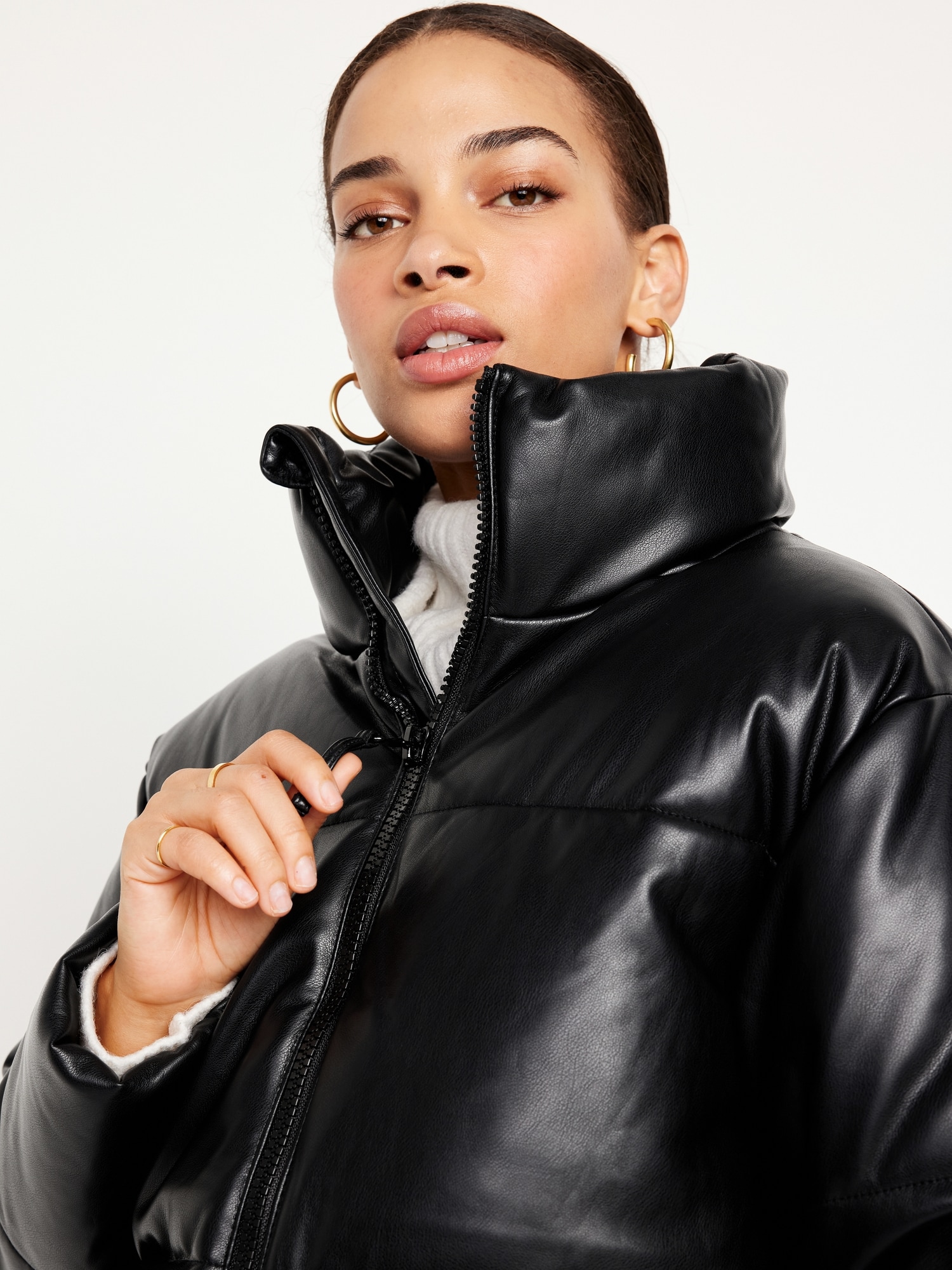 Mock-Neck Faux-Leather Puffer Jacket