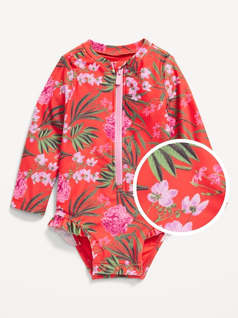Maillot de bain anti-UV une-pièce à imprimé avec garniture à volants pour Bébé - Multi