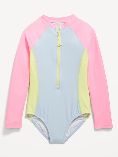 Printed Zip-Front One-Piece Rashguard Swimsuit for Girls