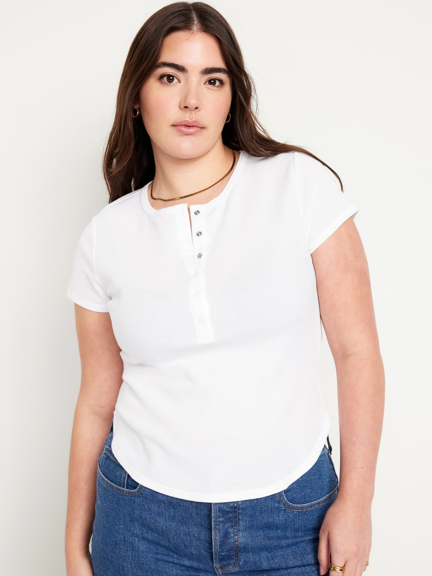 Short-Sleeve Waffle-Knit Henley Top for Women