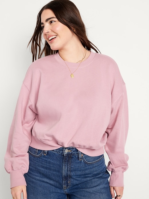 XFLWAM Womens Casual Long Sleeve Sweatshirt Crewneck Crop Sweatshirts  Pullover Tops Solid Drop Shoulder Cropped Top for Fall Winter Pink S 
