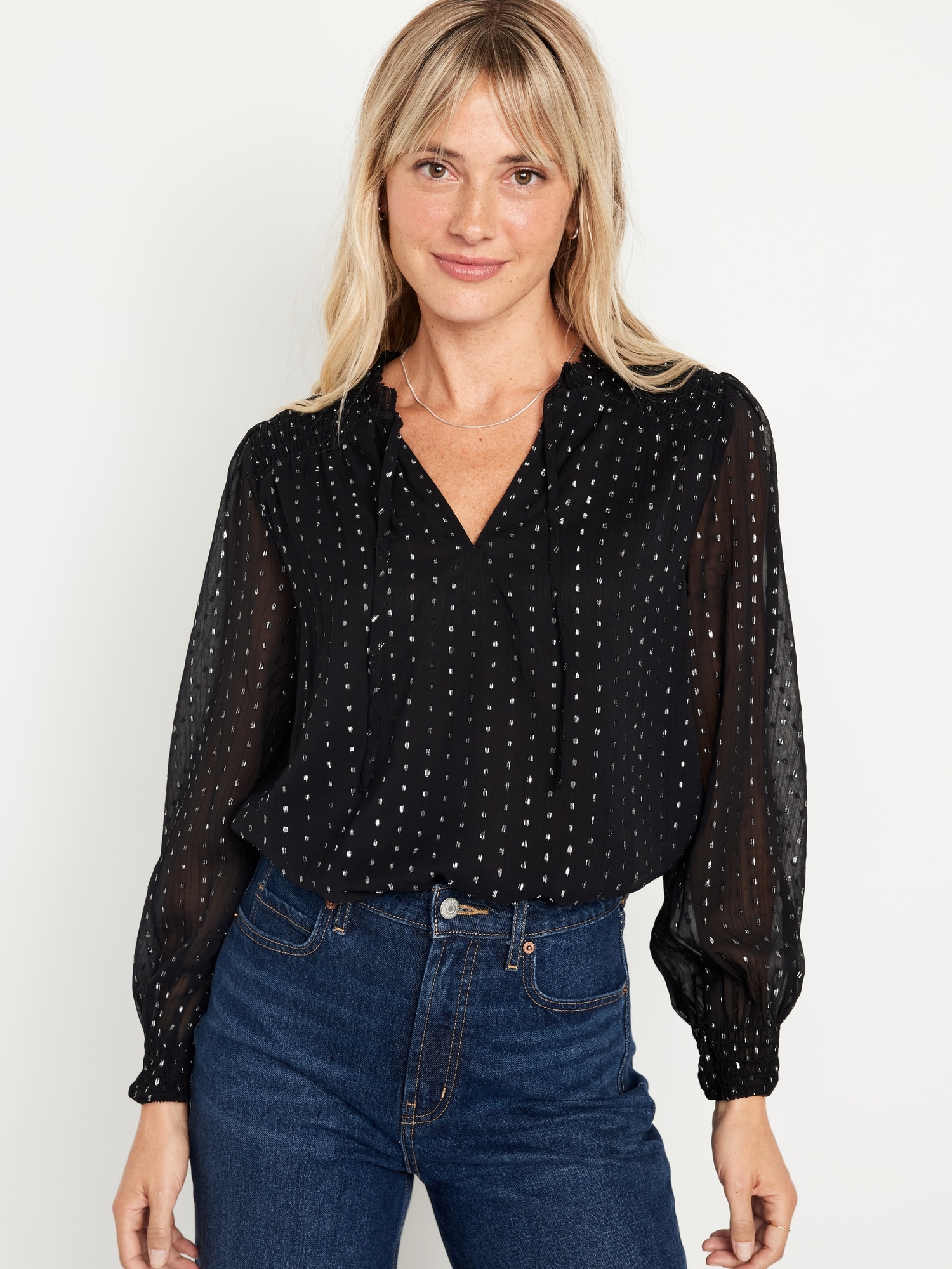 Ruffle-Trim Clip-Dot Shine Top