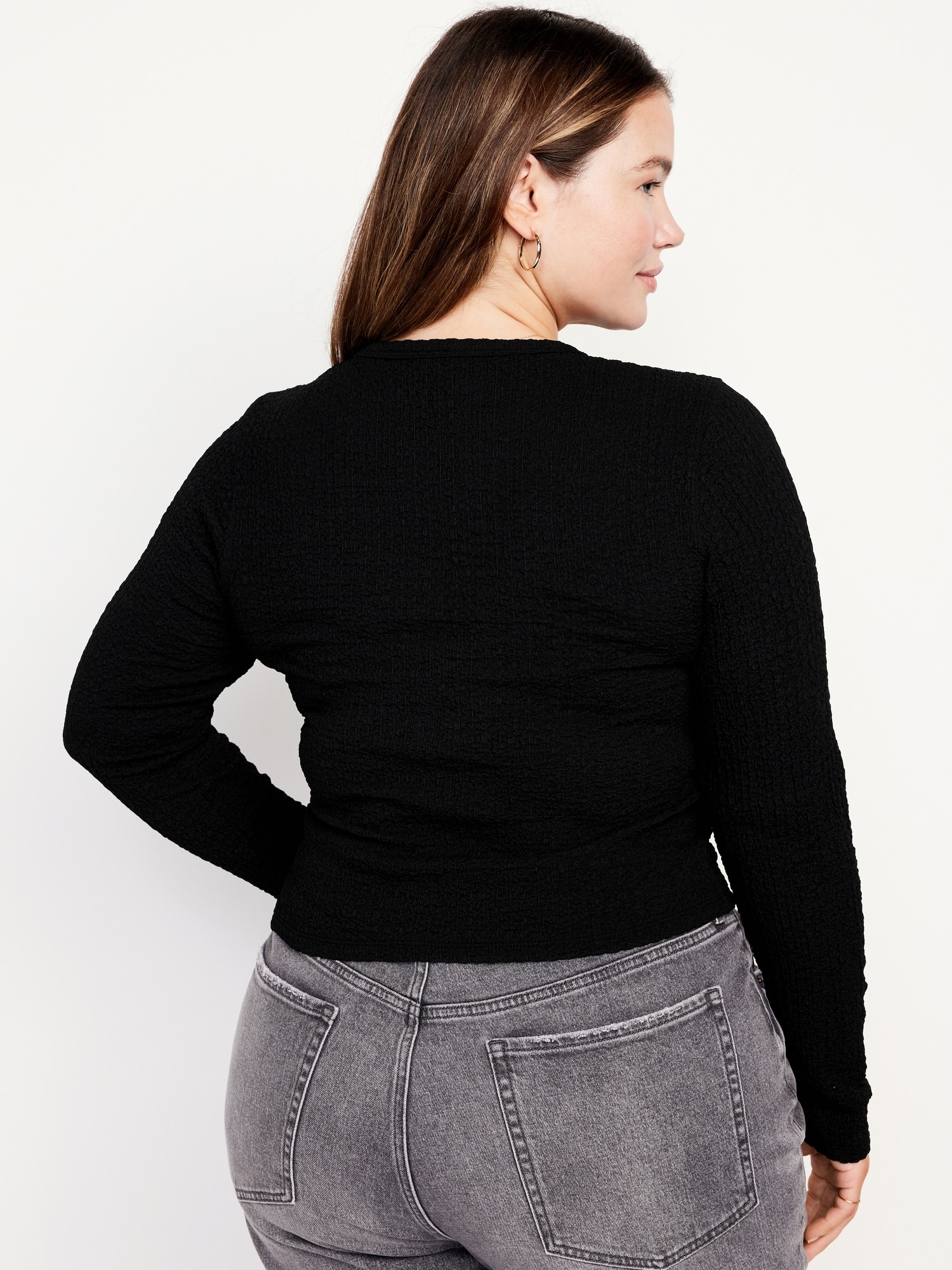 Long-Sleeve Textured Top with Cut-Out Detail, Regular
