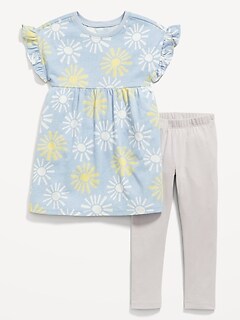 Flutter-Sleeve Dress & Leggings Set for Toddler Girls