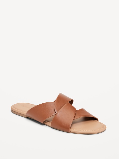 Faux-Leather Link Strap Sandals for Women - Cognac Brown