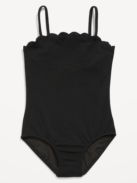 Bandeau Scallop-Trim One-Piece Swimsuit for Girls - Light Black Heather