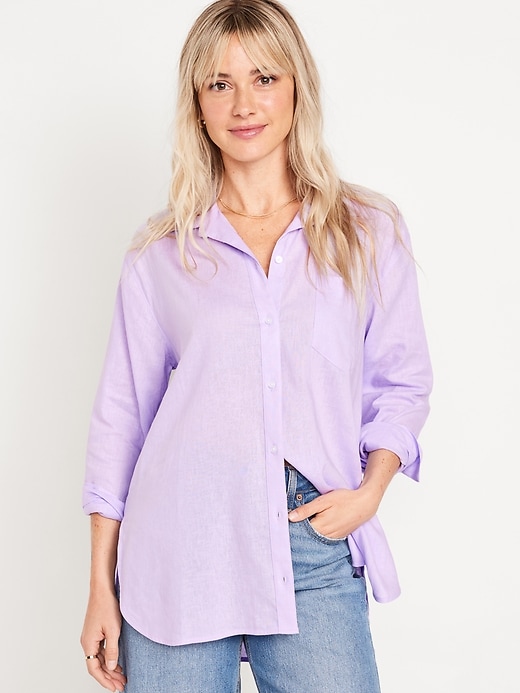 Image number 1 showing, Linen-Blend Button-Down Boyfriend Shirt