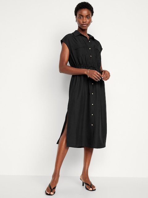 Robe-chemisier utilitaire mi-longue à taille définie pour Femme - Noir