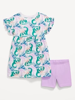 Printed Flutter-Sleeve Dress and Biker Shorts Set for Toddler Girls