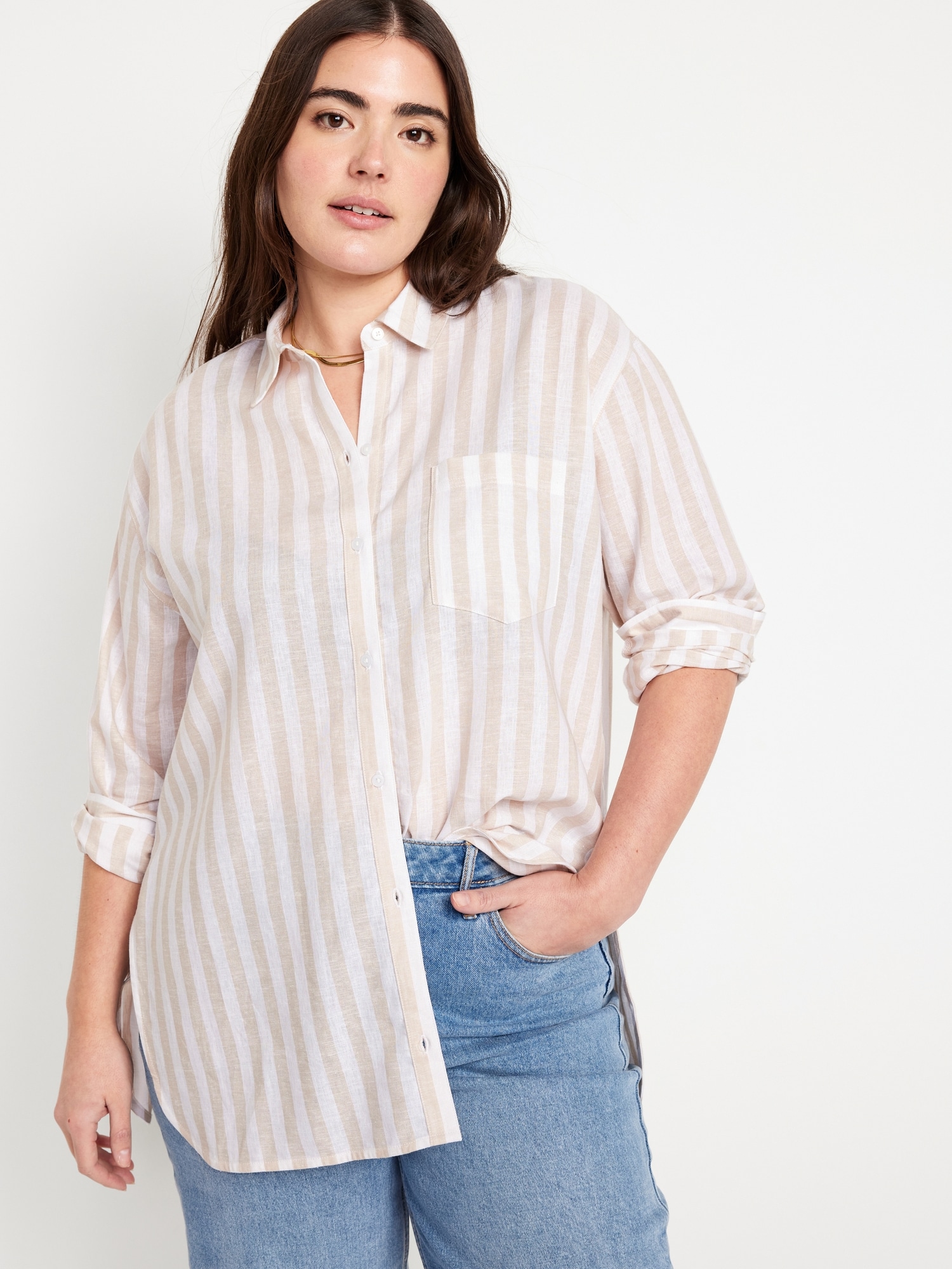 Linen-Blend Striped Boyfriend Shirt