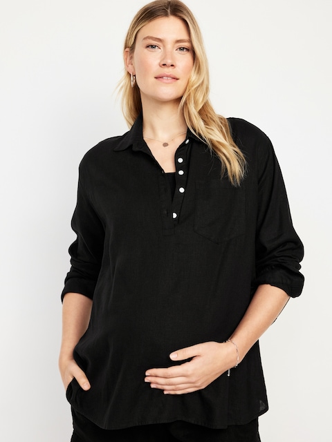 Maternity Linen-Blend Boyfriend Popover Shirt - Black Jack