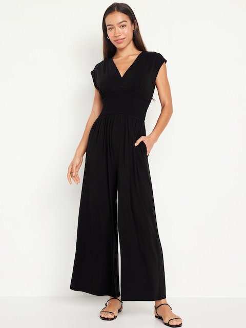 Waist-Defined Shirred Jumpsuit - Black